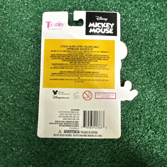Back of Disney Mickey Mouse flavored lip balm 2 piece set packaging with ingredients and safety warnings