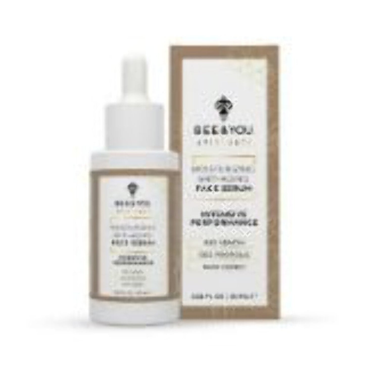 White dropper bottle and matching rectangular box of skincare serum featuring a minimalist design with beige borders and black text on a white background.