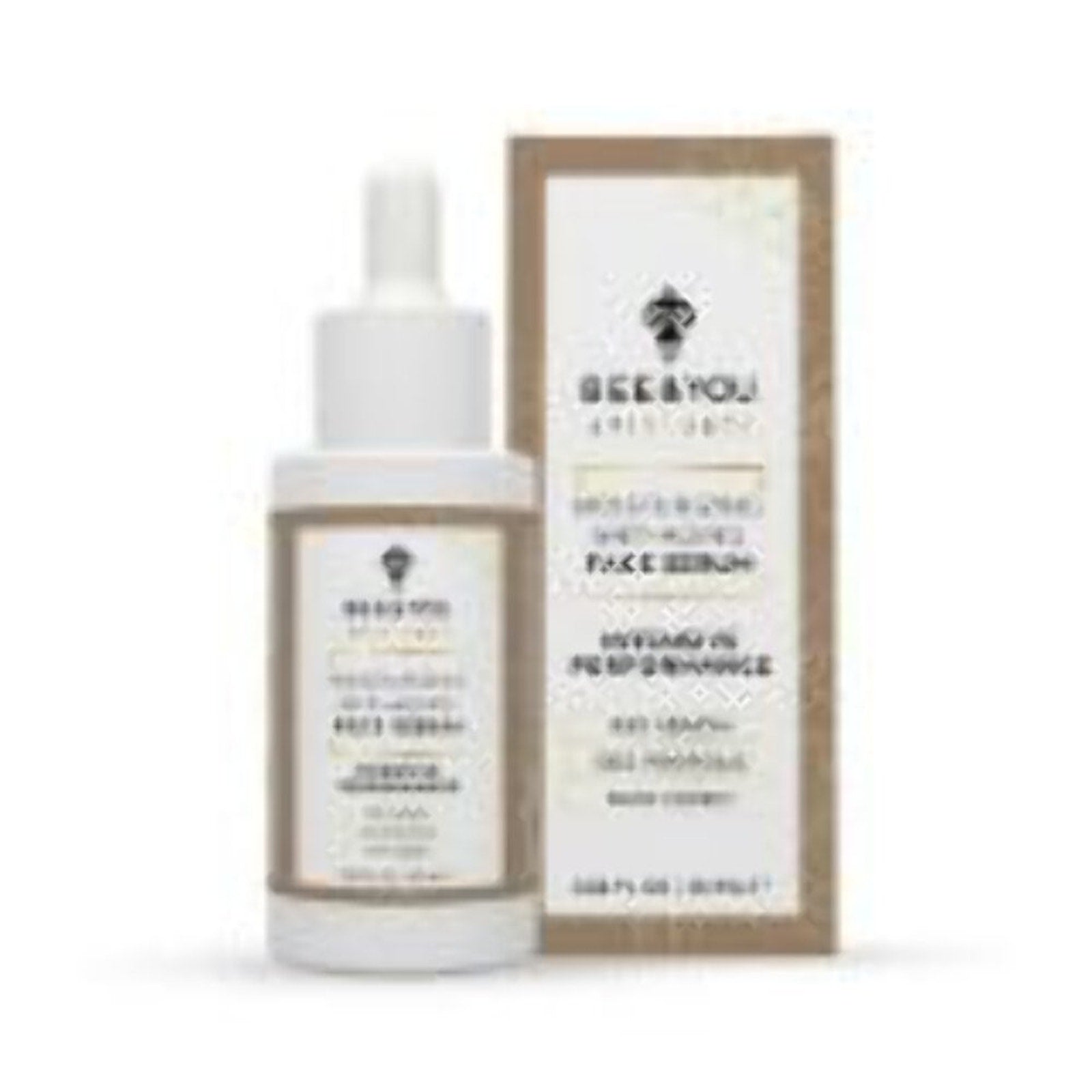 White dropper bottle and matching rectangular box of skincare serum featuring a minimalist design with beige borders and black text on a white background.