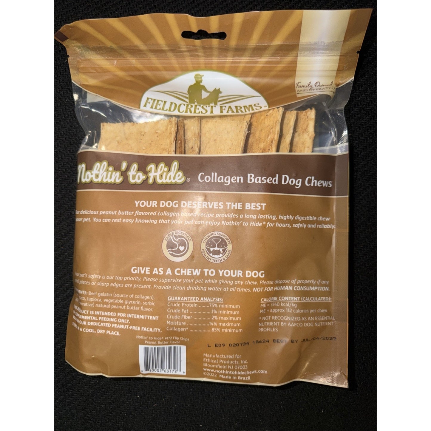 Resealable clear and brown plastic bag of collagen-based dog chews featuring the Fieldcrest Farms logo, product branding, feeding guidelines, and guaranteed analysis on the back.