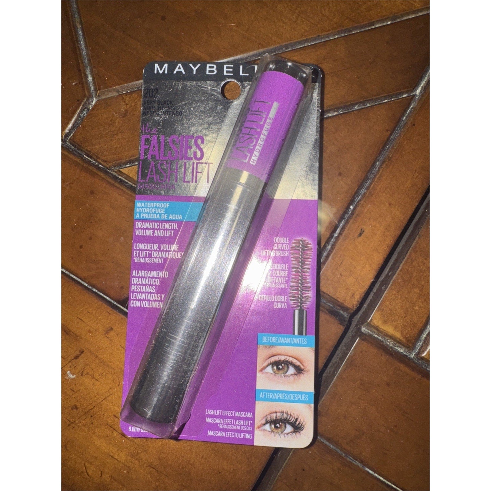 Maybelline New York Falsies Lash Lift Waterproof Mascara 0.29 oz 202 Very Black packaging with brush and before after eye image