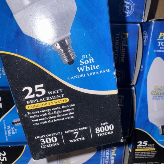 Box of Halco Prolume 25 watt replacement soft white torpedo light bulbs with candelabra base and 8000 hour life