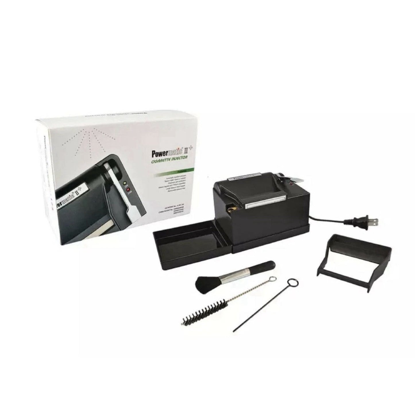 Electric cigarette rolling machine with a black plastic body, power cord, and included accessories such as a cleaning brush, tamper, and funnel, displayed alongside its packaging box.