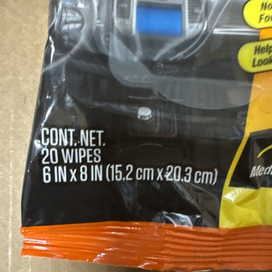 Armor All vehicle protectant wipe package front showing 20 wipes size 6 by 8 inches with orange trim