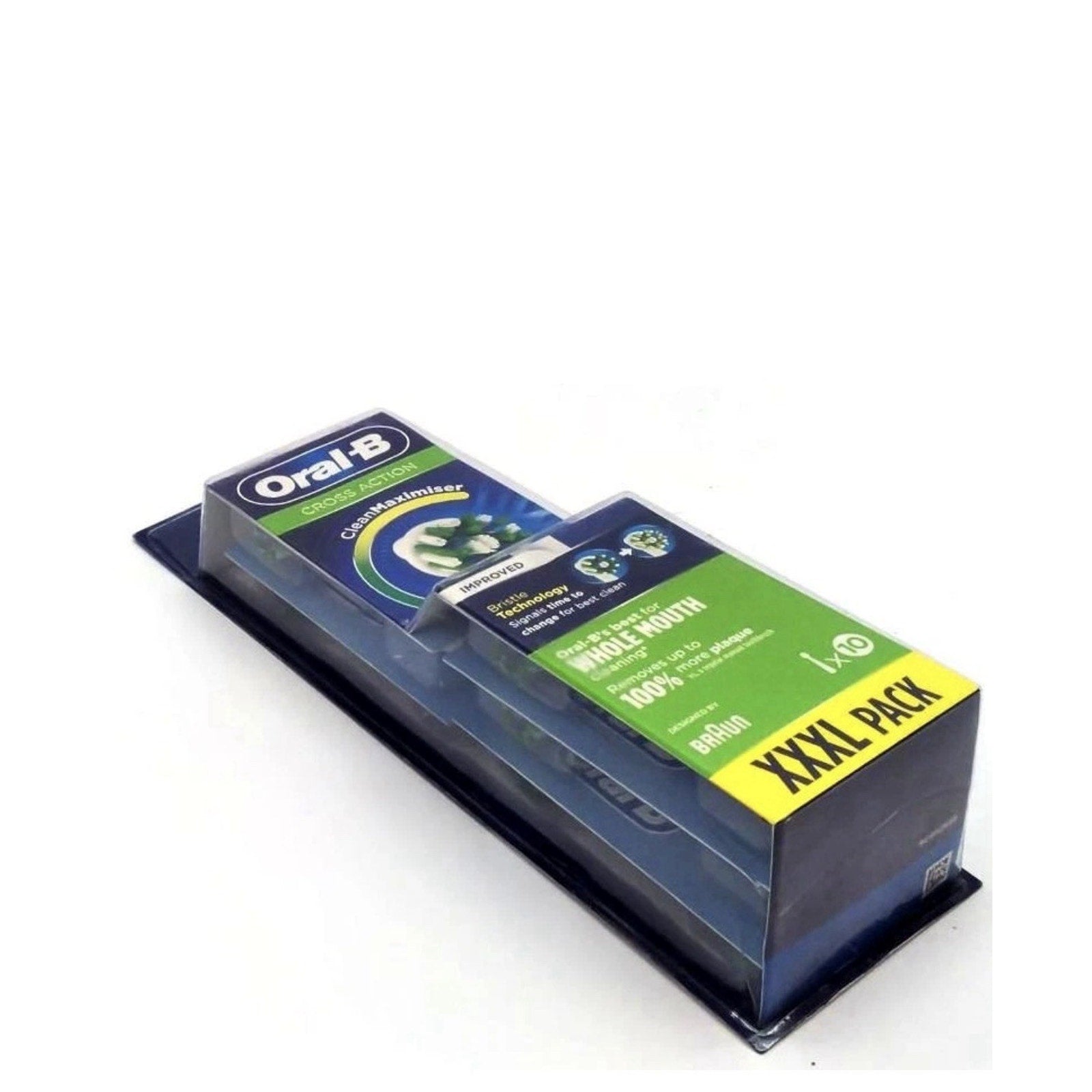 Angled view of a sealed black and green rectangular retail package containing a 10-pack of Oral-B CrossAction replacement toothbrush heads with CleanMaximiser bristle technology.