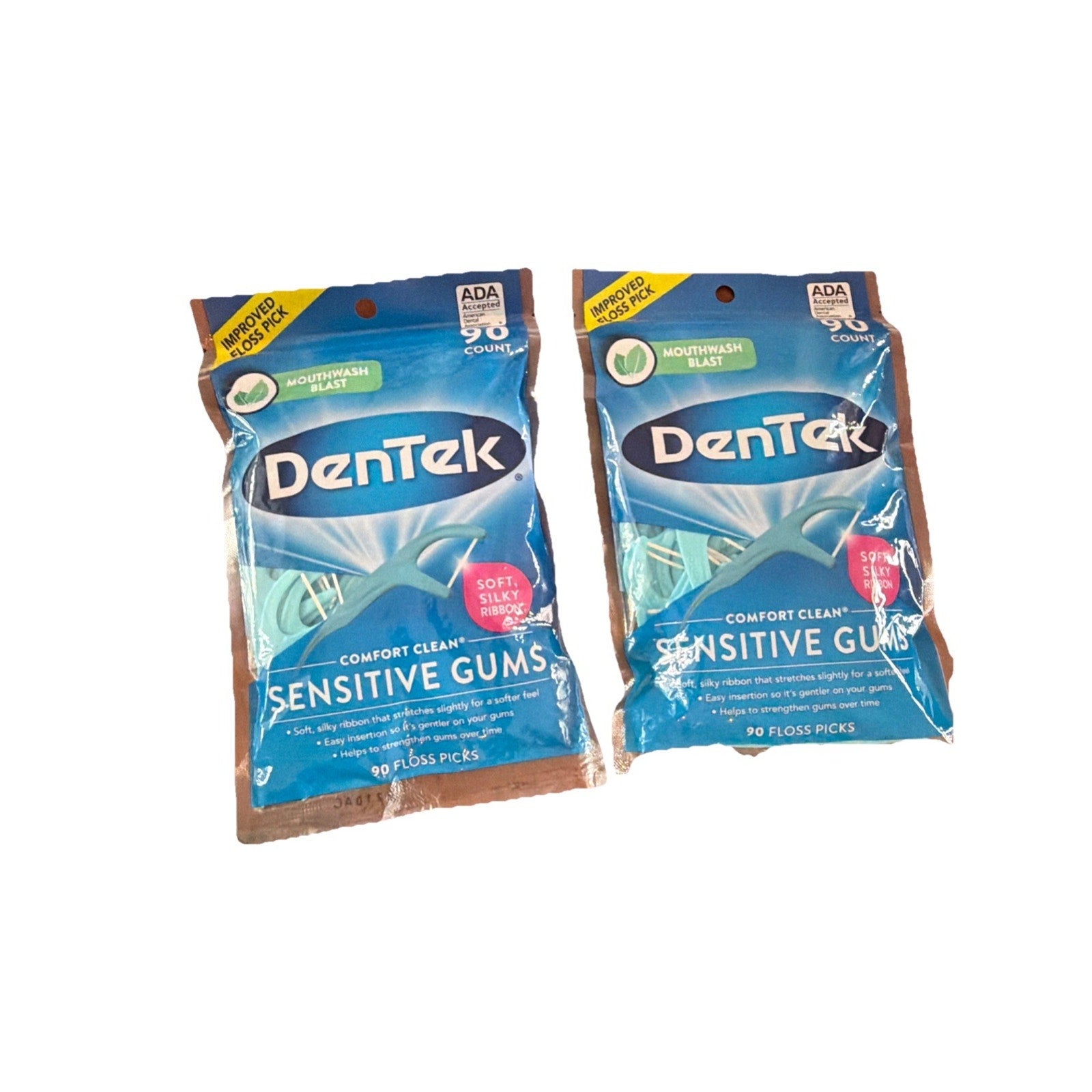 Two packs of Dentek Comfort Clean Sensitive Gums floss picks 90 count with mouthwash blast flavor visible