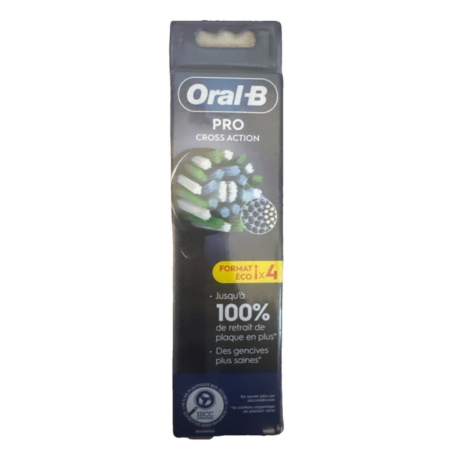 Oral-B Pro Cross Action pack showing four replacement brush heads for electric toothbrush in black packaging