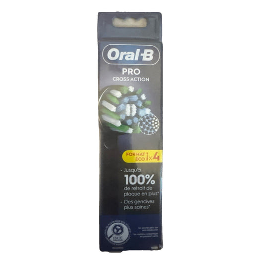 Oral-B Pro Cross Action pack showing four replacement brush heads for electric toothbrush in black packaging
