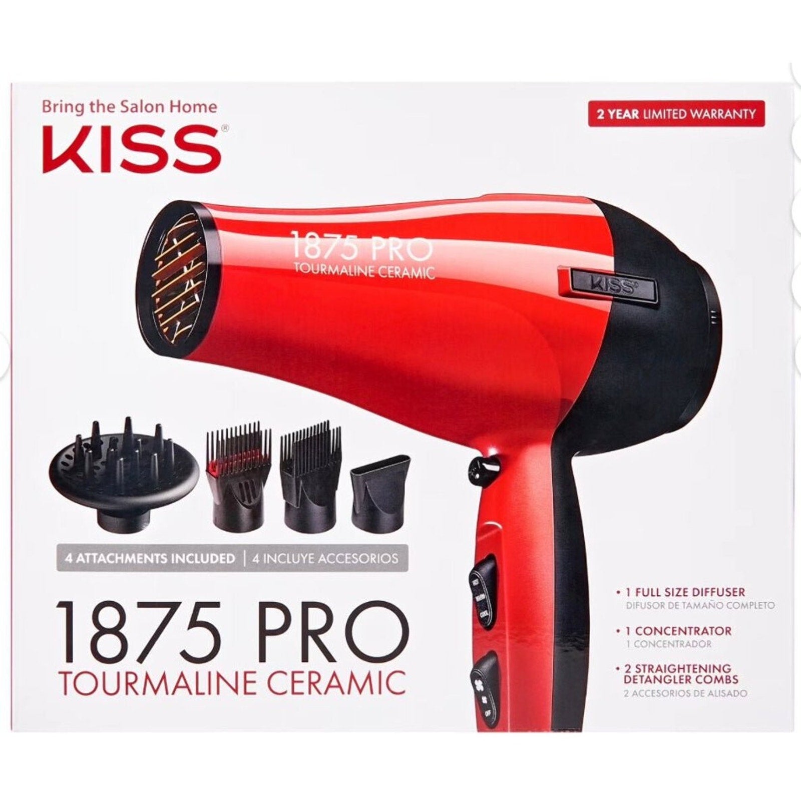 Red and black professional hair dryer with tourmaline ceramic technology, featuring multiple attachments including a full-size diffuser, concentrator, and two combs, shown in packaging.