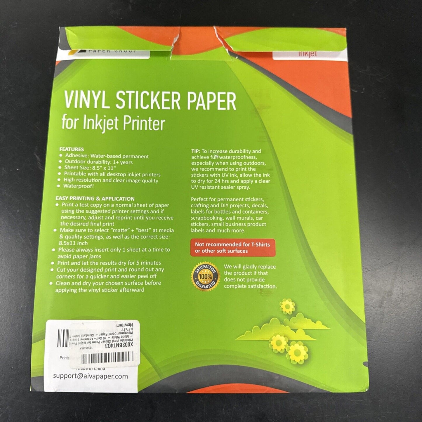 Printable matte white vinyl sticker paper for inkjet printers with waterproof adhesive and 15 sheets per pack