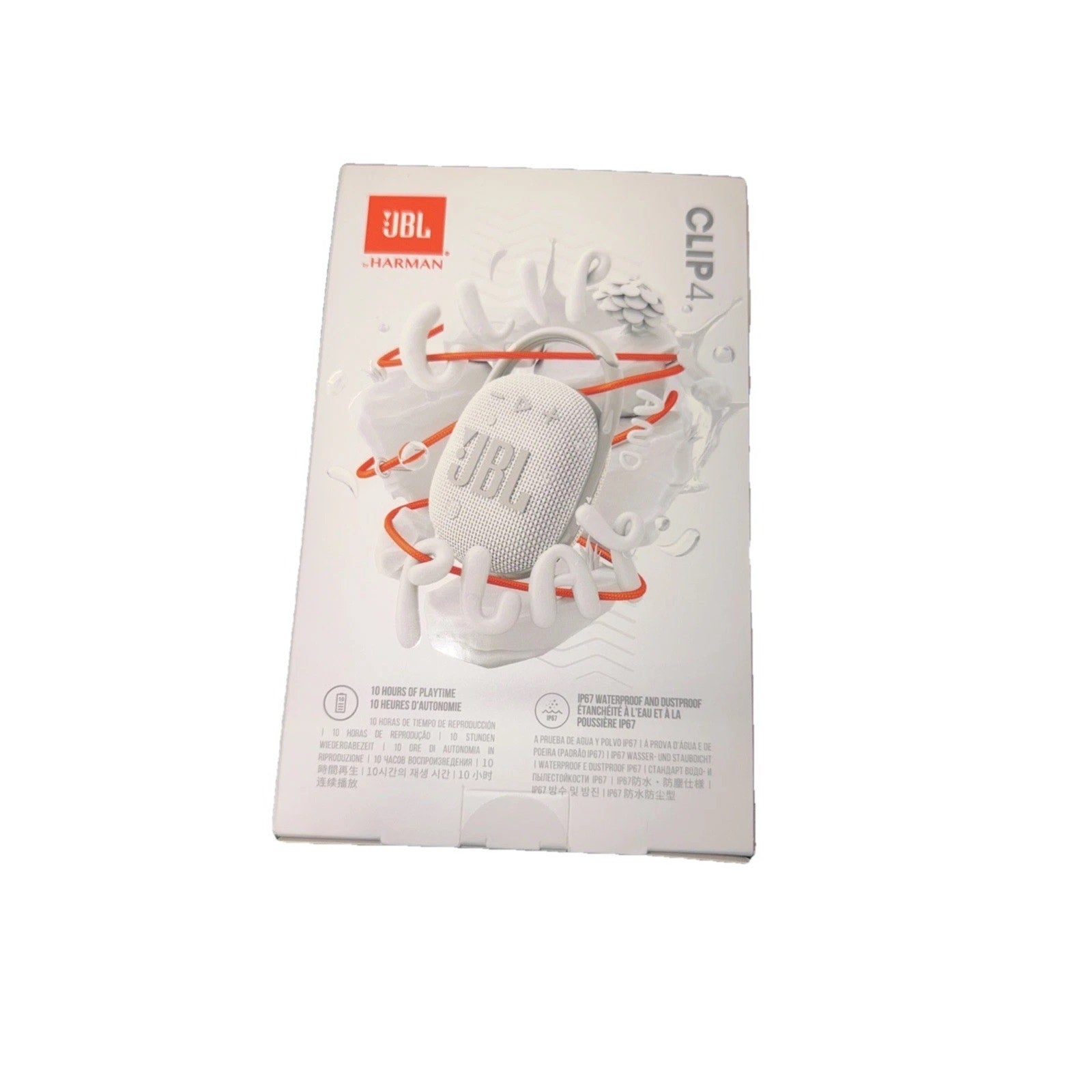 White JBL portable Bluetooth speaker displayed on its retail packaging with abstract orange and white graphic elements on a white background.