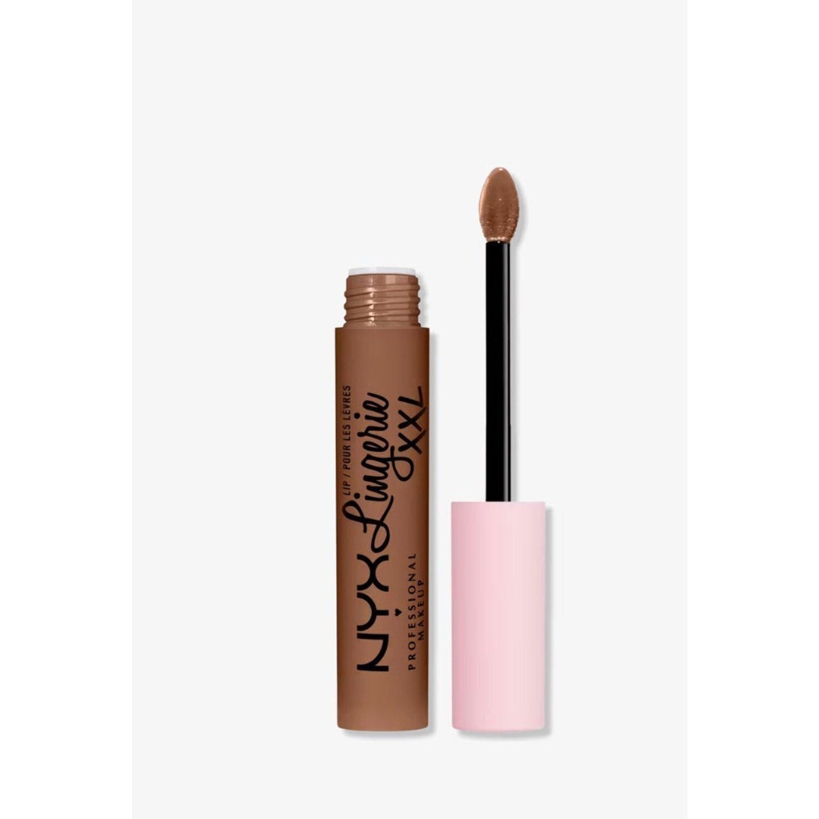 Open tube of matte liquid lipstick in brown shade with soft pointed applicator wand and pale pink cap, black brush handle, and branding printed vertically on tube