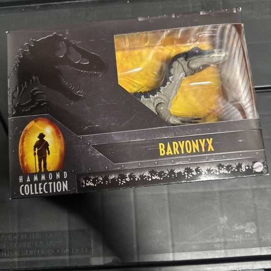 Jurassic World Baryonyx 12-inch action figure in sealed Hammond Collection black box with dinosaur silhouette logo