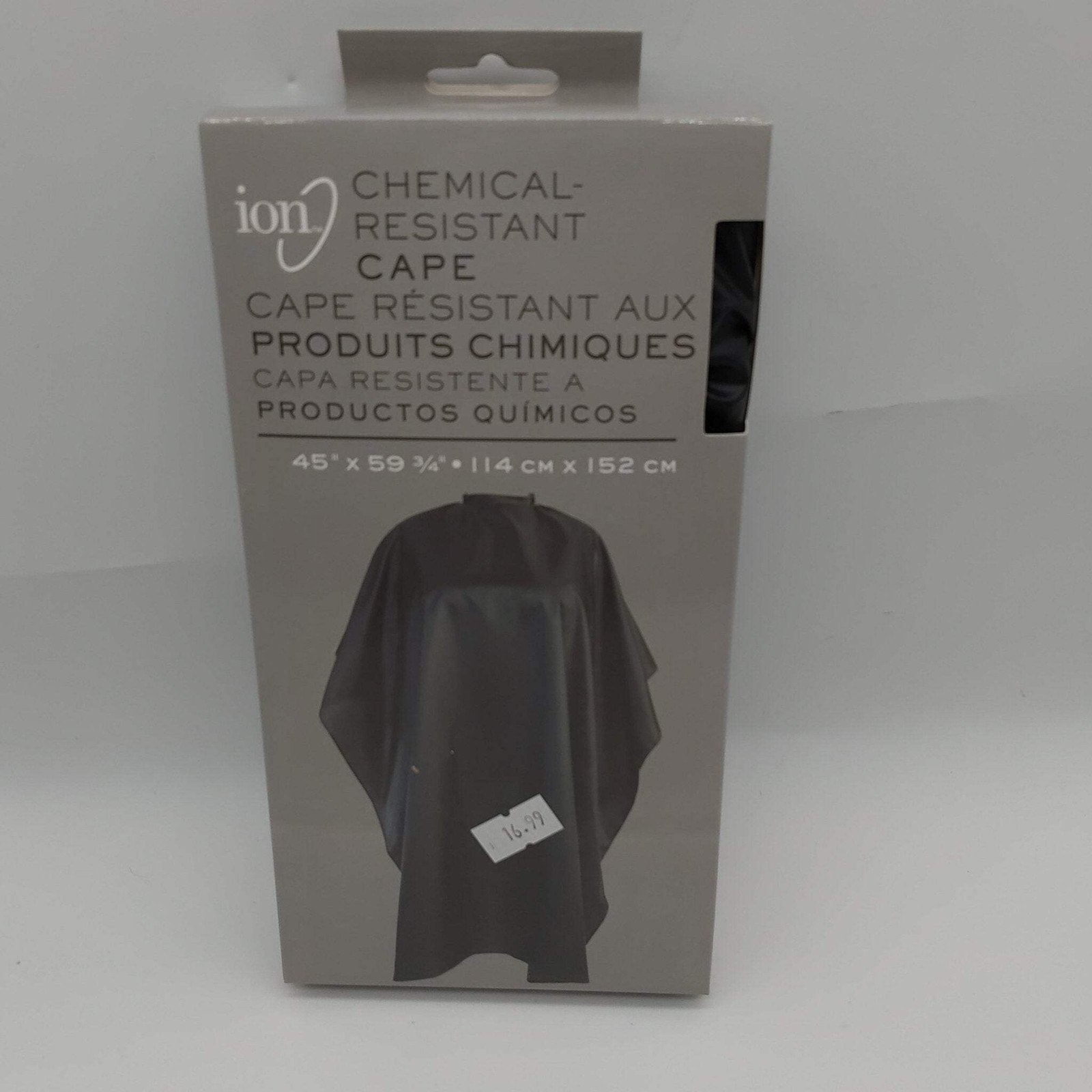 Ion Chemical-Resistant Cape 45 x 60 black barber cape in original packaging with product information text visible