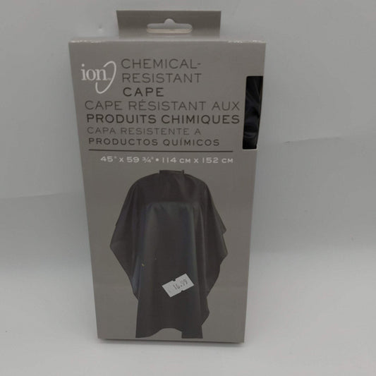 Ion Chemical-Resistant Cape 45 x 60 black barber cape in original packaging with product information text visible