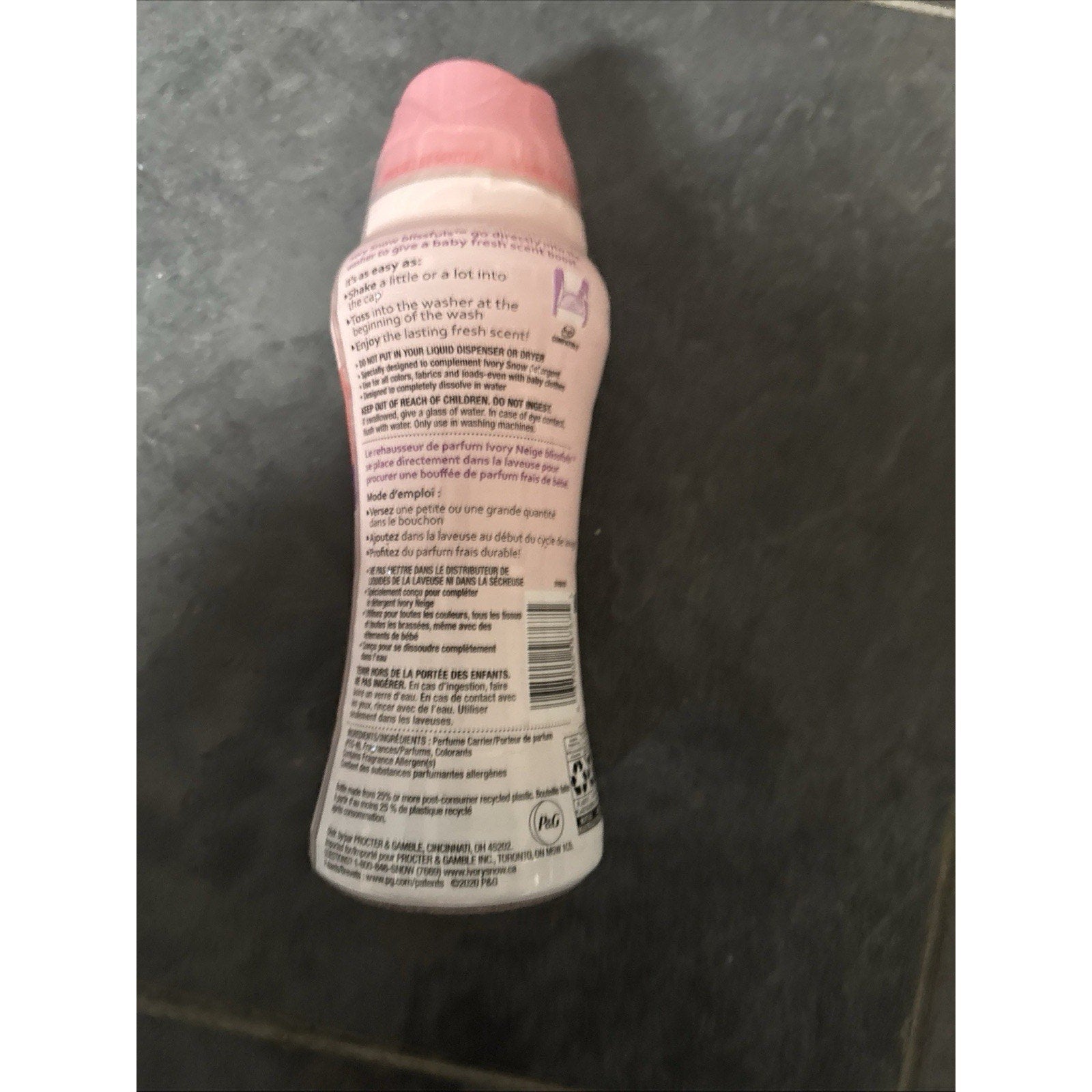 Ivory Snow Blissfuls In-Wash Laundry Scent Booster Beads Baby Fresh Scent pink bottle back label view