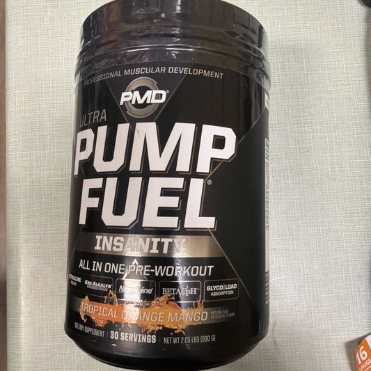 Black container of PMD Ultra Pump Fuel Insanity pre-workout supplement in tropical orange mango flavor, with 30 servings and nutritional highlights displayed on the label.