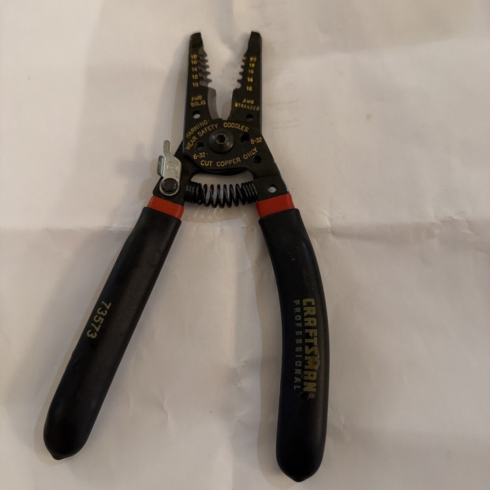 Vintage Craftsman Professional Wire Stripper Cutter 73573 with black handles and yellow markings USA made tool