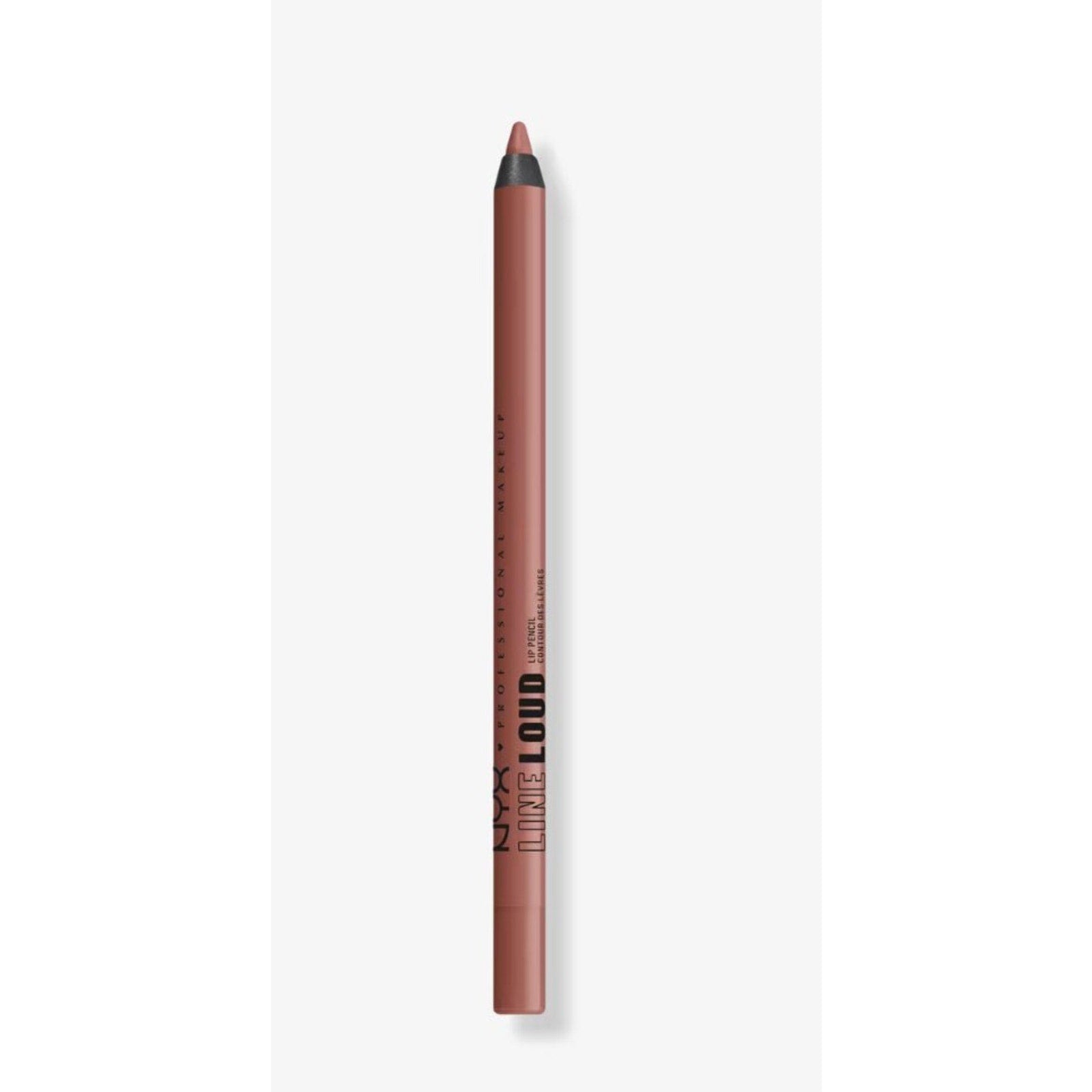 Slim retractable lip liner pencil in a muted mauve nude shade with black and matching mauve cap, featuring minimal text printed vertically on the side.