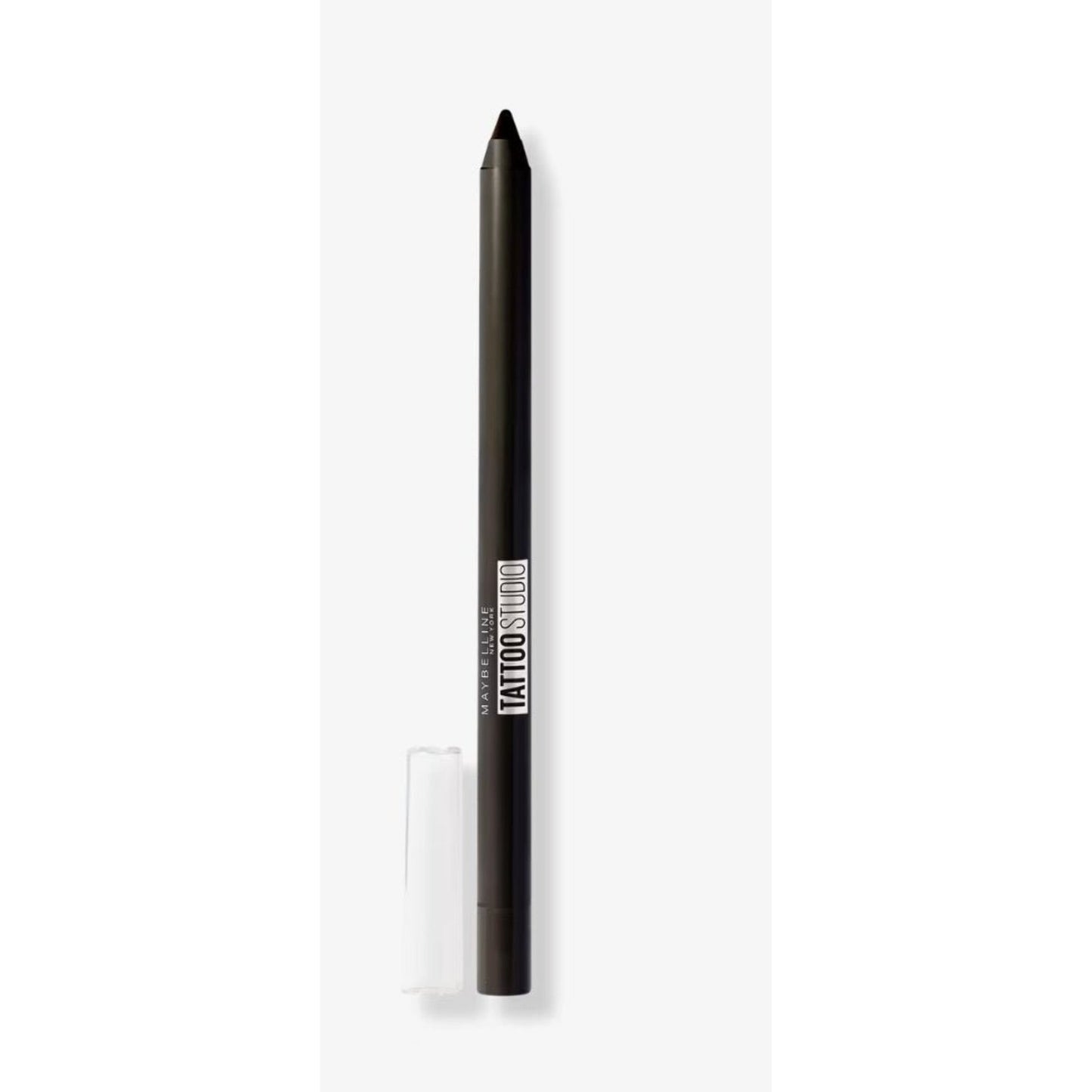 Black retractable eyeliner pencil with sharp tip and clear plastic cap placed beside it, featuring bold white vertical text on the cylindrical body.