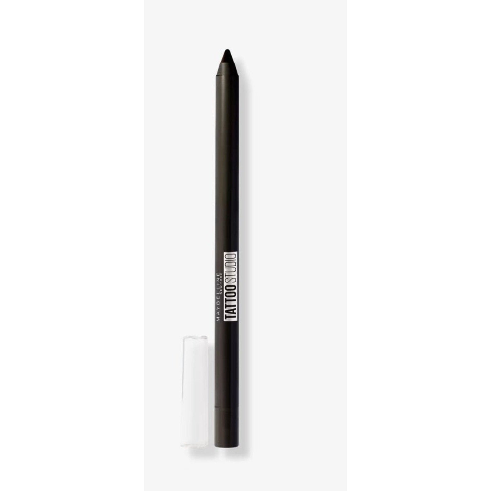 Black retractable eyeliner pencil with sharp tip and clear plastic cap placed beside it, featuring bold white vertical text on the cylindrical body.