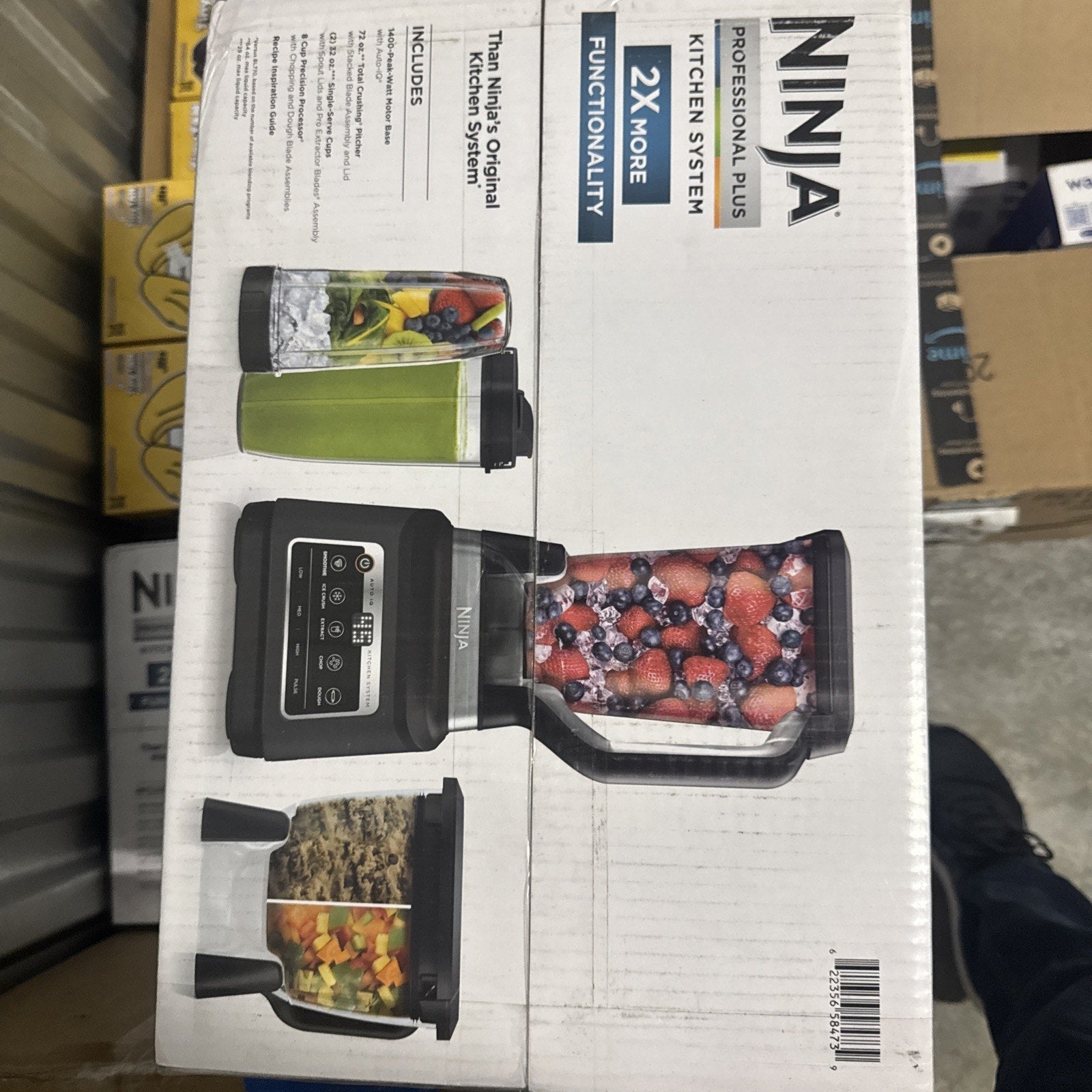 Ninja BN805A 120V 64 oz professional blender showing base and multiple blending containers with fruits and vegetables