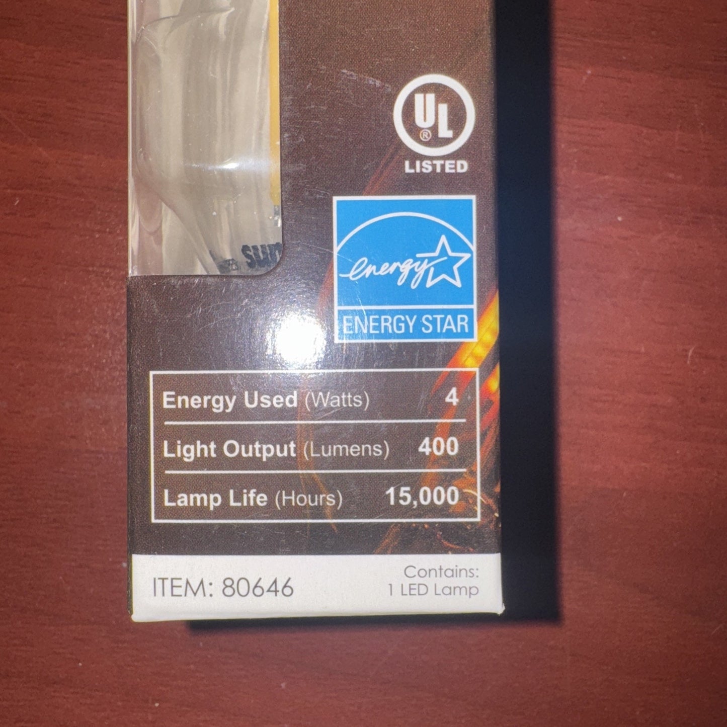 Sunlite LED Filament Chandelier Bulb packaging showing energy star label and bulb specifications on side panel