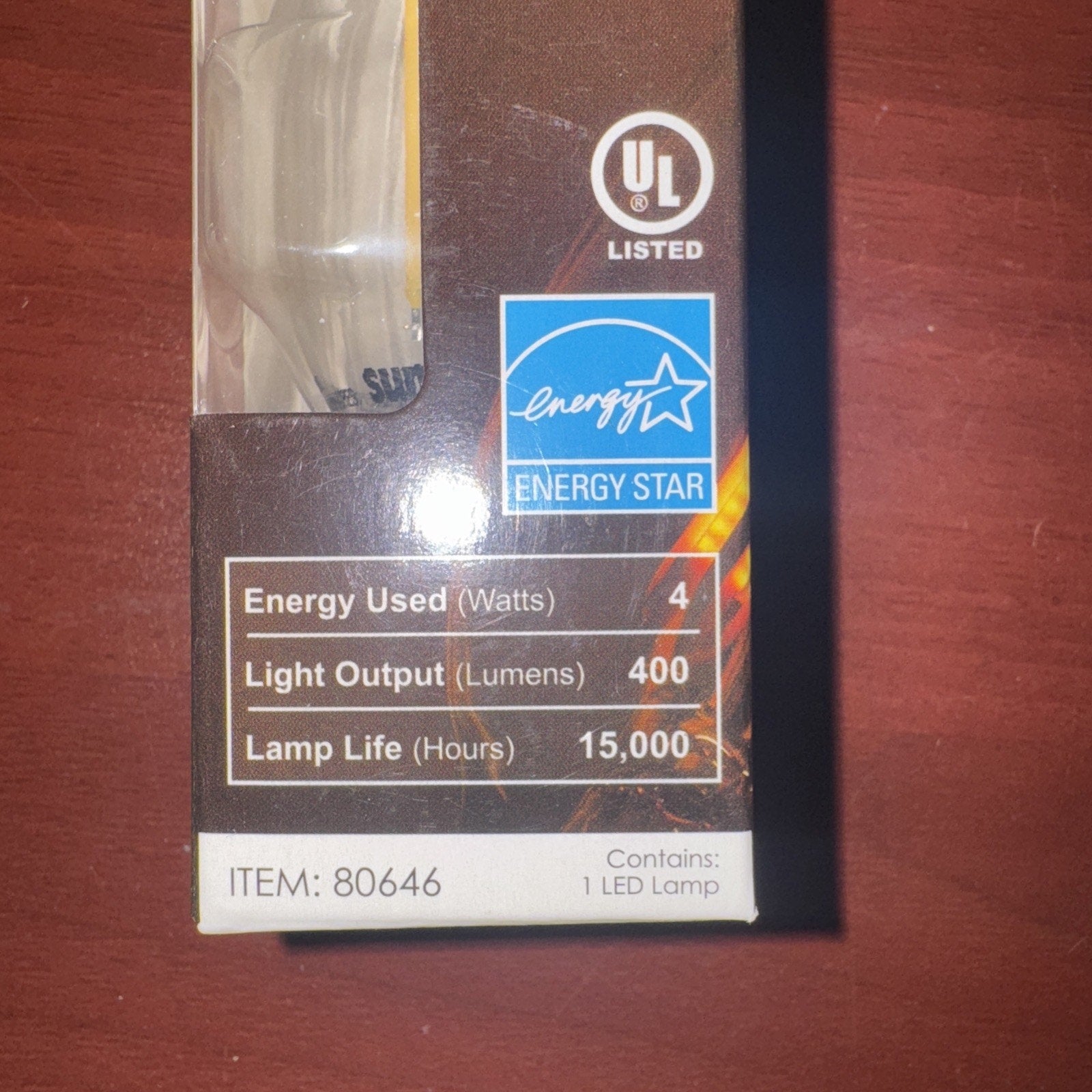 Sunlite LED Filament Chandelier Bulb packaging showing energy star label and bulb specifications on side panel