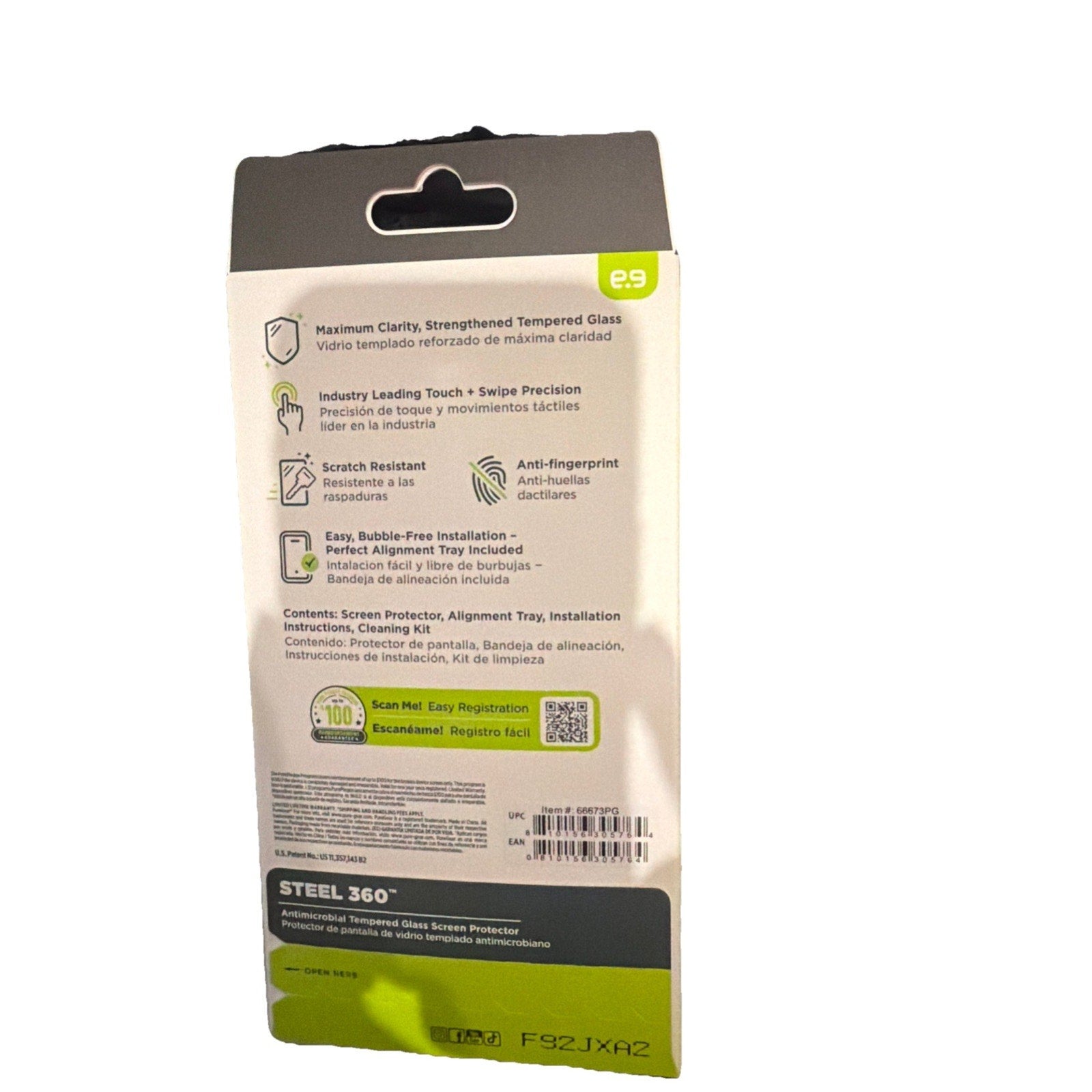 Back of PureGear Steel 360 Tempered Glass Screen Protector packaging showing features and installation instructions