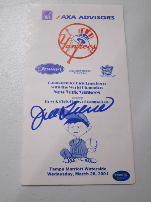 Joe Torre of the NY Yankees signed autographed program TAA COA 035 - Price Is Right Miami