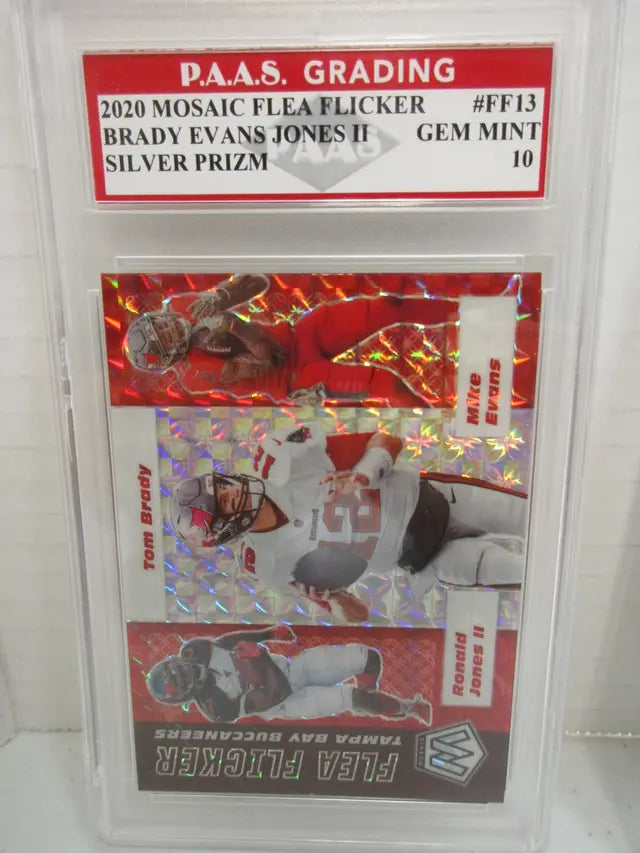 Tom Brady, Evans, Jones II 2020 Mosaic Flea Flicker Silver Prizm #FF13 graded PAAS Gem Mint 10 - Price Is Right Miami