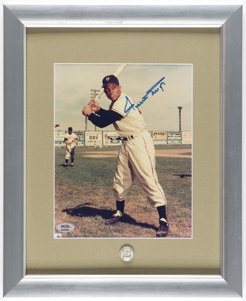 Willie Mays Signed Giants Custom Framed Photo Display with Vintage 1955 Giants Pin (PSA) - Price Is Right Miami