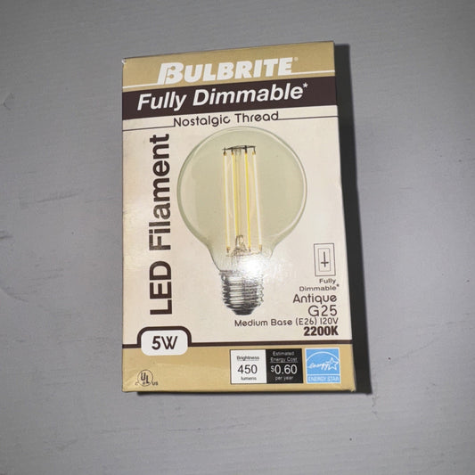 Bulbrite Fully Dimmable 5W LED Filament Antique G25 light bulb with medium base and 2200K warm glow on packaging front