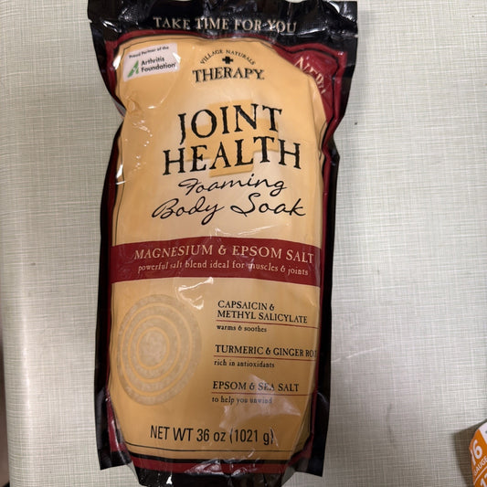 Bag of Mueller Naturals Therapy Joint Health Foaming Body Soak featuring magnesium and Epsom salt blend with capsacin, methyl salicylate, turmeric, and ginger root for muscle and joint relief.