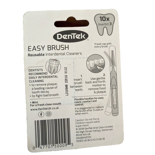 DenTek Easy Brush reusable interdental cleaner pack showing brush size ISO3 0.6mm with usage instructions and benefits