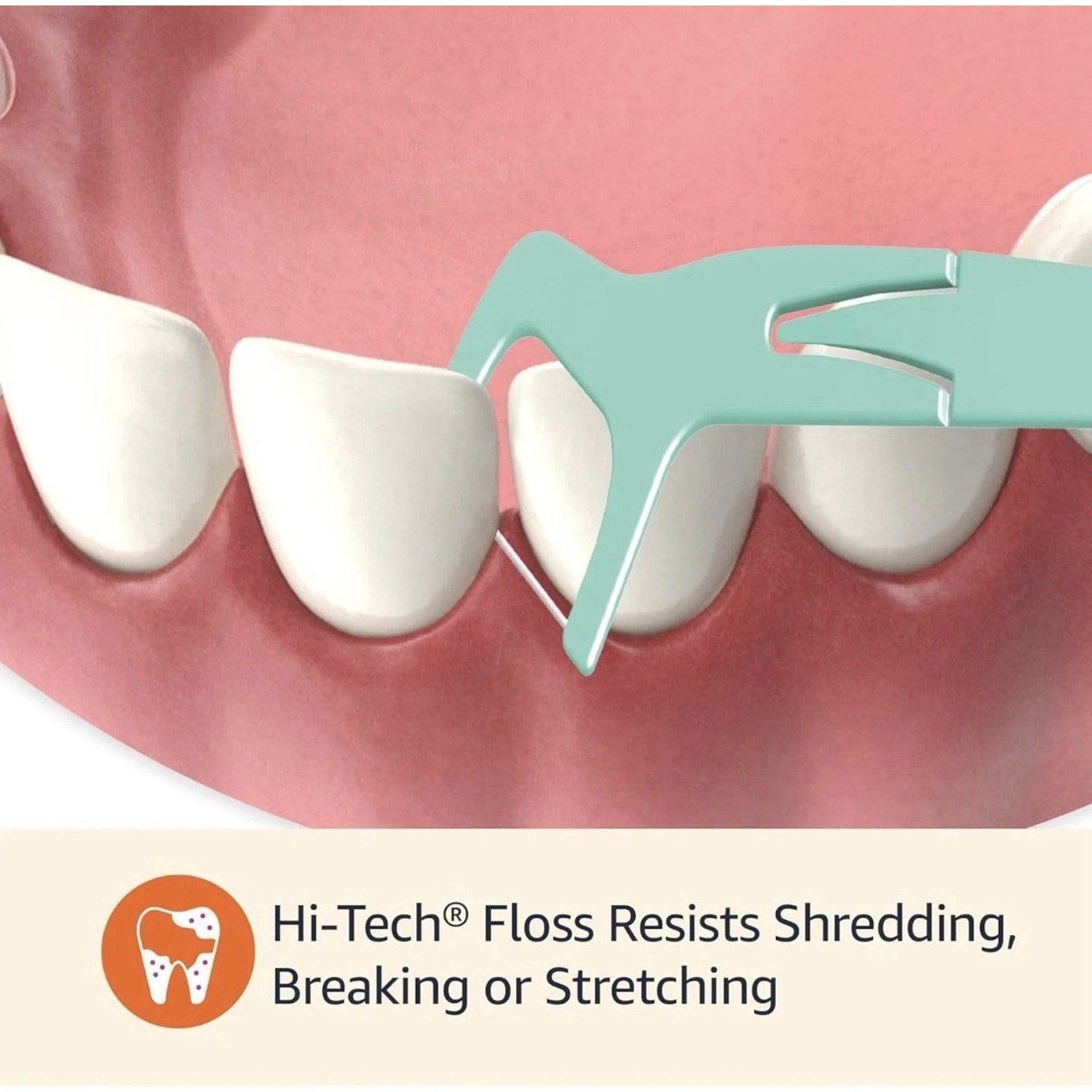 Close-up of Mint Dental Flosser cleaning between teeth with note on Hi-Tech floss resisting shredding and breaking