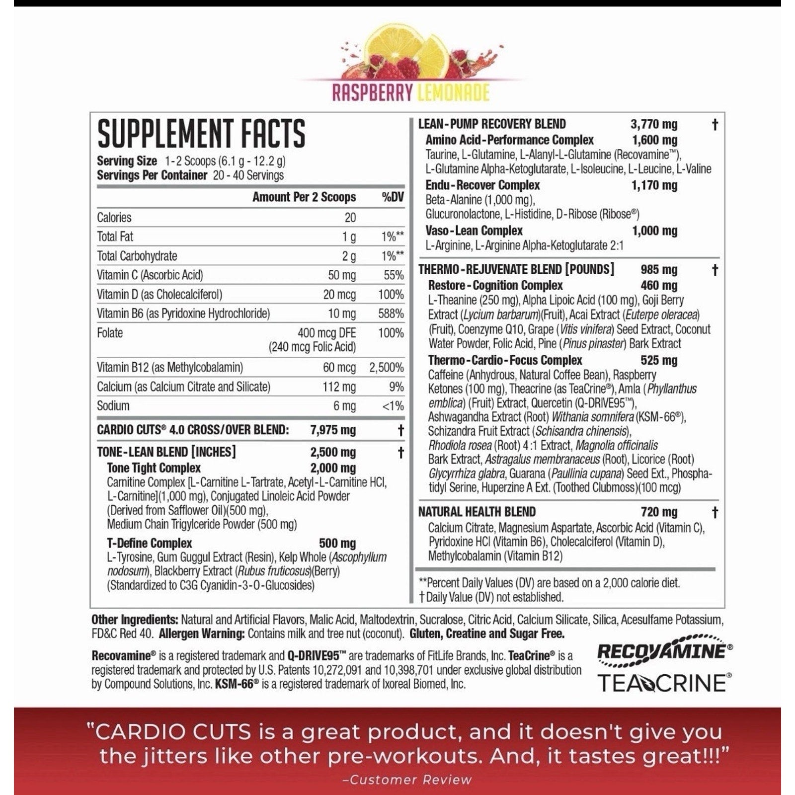 Supplement facts label for Raspberry Lemonade flavored supplement showing detailed ingredient blends for lean-pump recovery, thermo-rejuvenate, cardio focus, natural health, along with vitamins, minerals, and usage warnings.