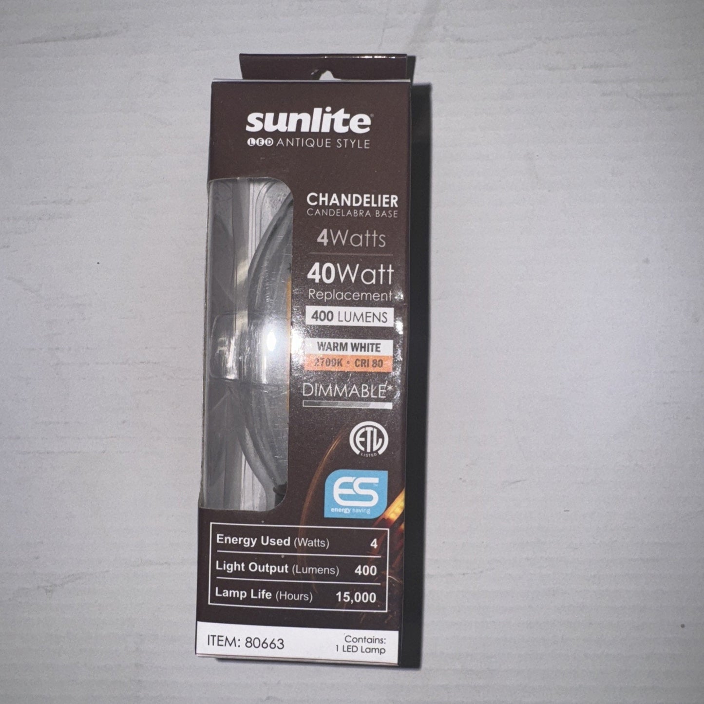 Sunlite LED Filament Chandelier Bulb 4W clear torpedo shape dimmable 2700K warm white in retail box