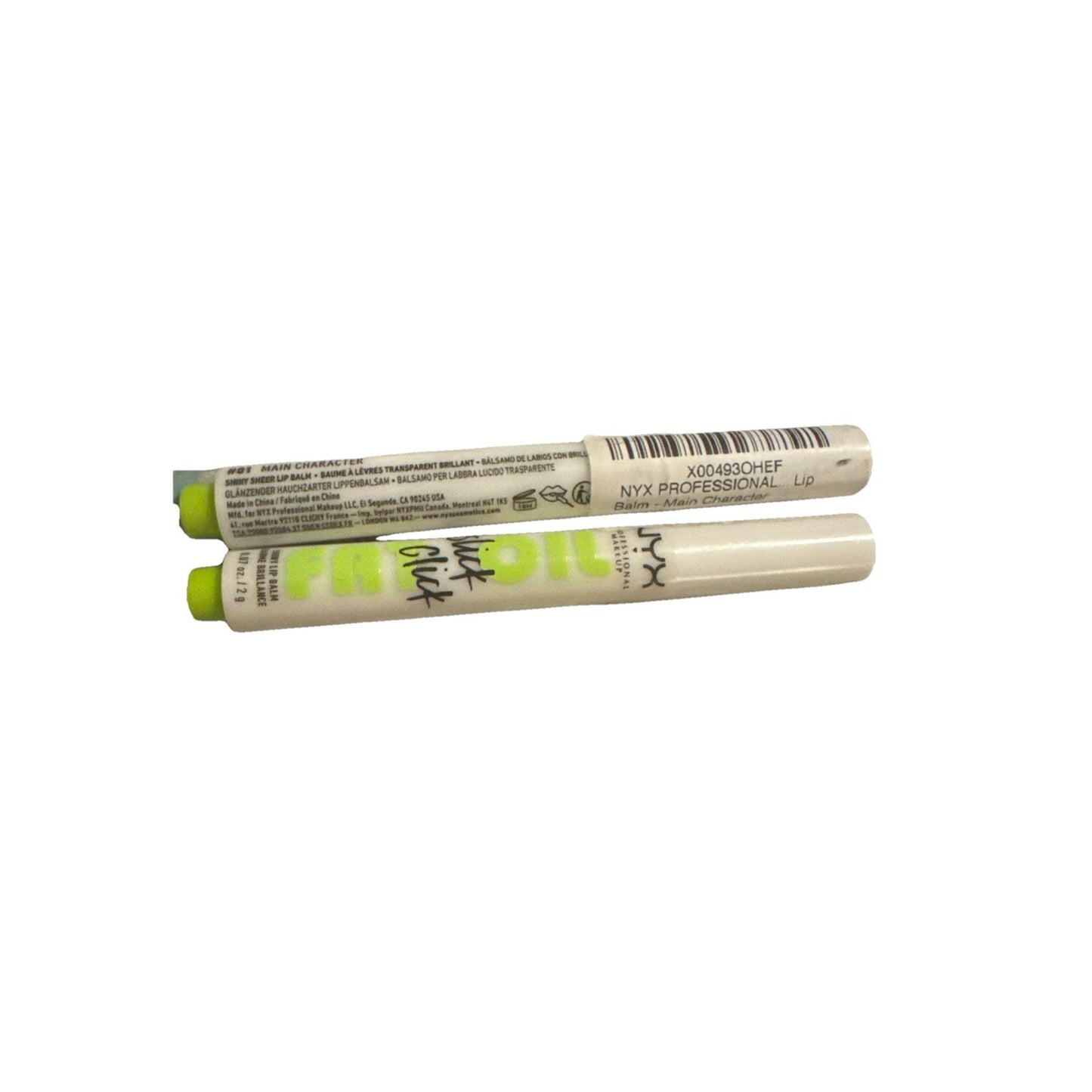 NYX Fat Oil Slick Click Vegan Lip Balm in Main Character clear shade two full-size tubes with green caps