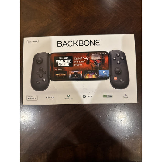 Backbone One Mobile Gaming Controller for iPhone in black with game display on phone screen in packaging box