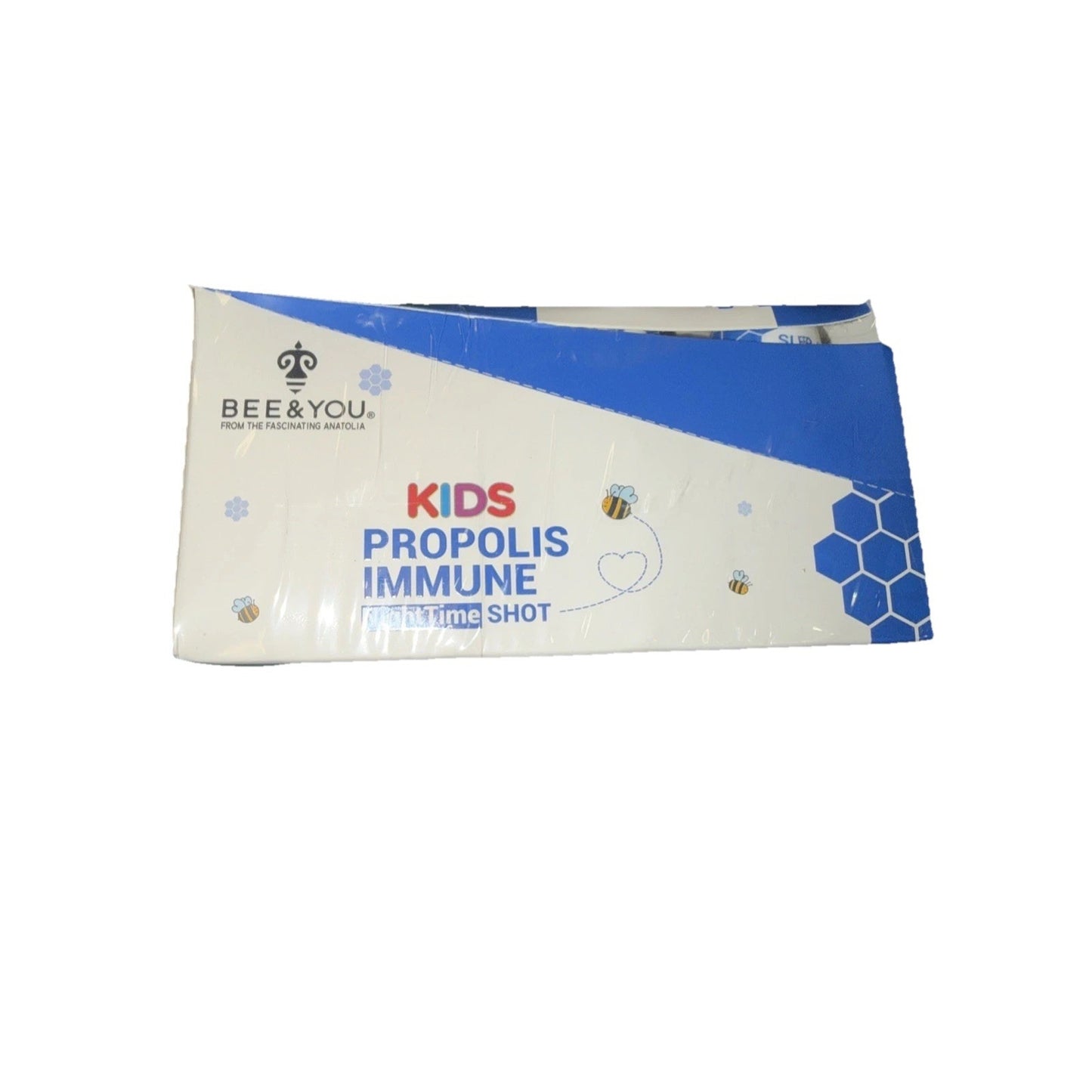 Rectangular white and blue box of Bee & You Kids Propolis Immune Nighttime Shot featuring small bee and honeycomb illustrations with brand logo and product name on the front.