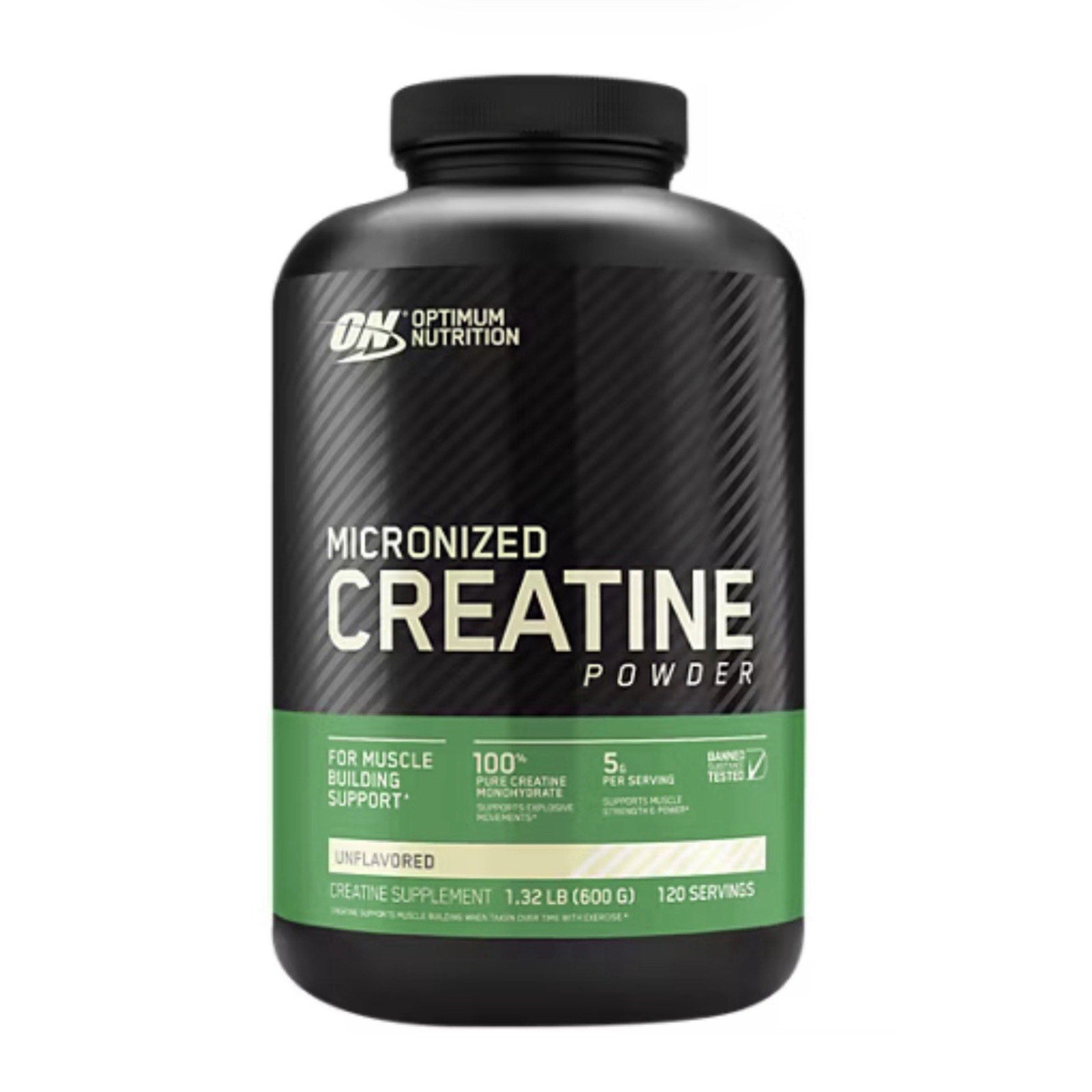 Black plastic container of Optimum Nutrition Micronized Creatine Powder featuring a green label with details on muscle building support, unflavored formula, 5 grams per serving, and 120 servings total.