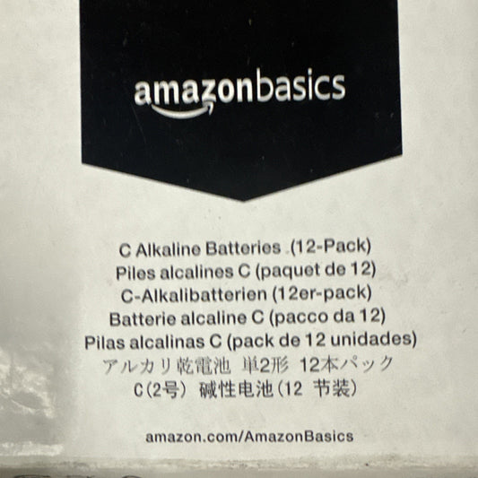 Amazon Basics C alkaline batteries 12-pack packaging showing product name and multilingual description