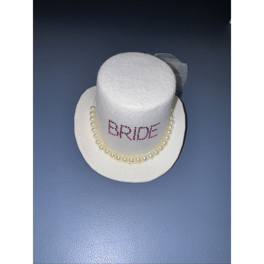White bride mini top hat fascinator with clip-on pearl trim and tulle bow for bachelorette or wedding accessory