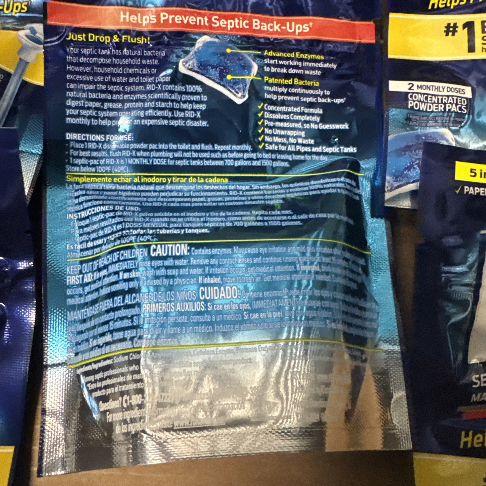 Rid-X Septic System Maintenance Powder packaging showing usage instructions and safety warnings for 2-pack monthly doses
