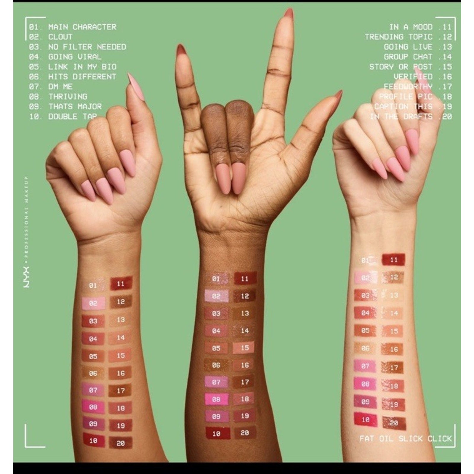Three diverse arms showing NYX Fat Oil Slick Click Vegan Lip Balm swatches in various shades on green background