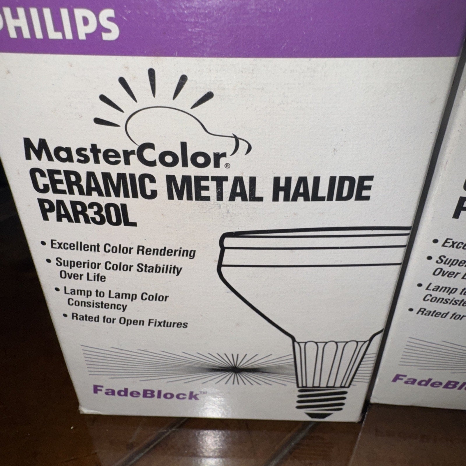 Philips MasterColor Ceramic Metal Halide PAR30L bulb box showing product features and lamp illustration