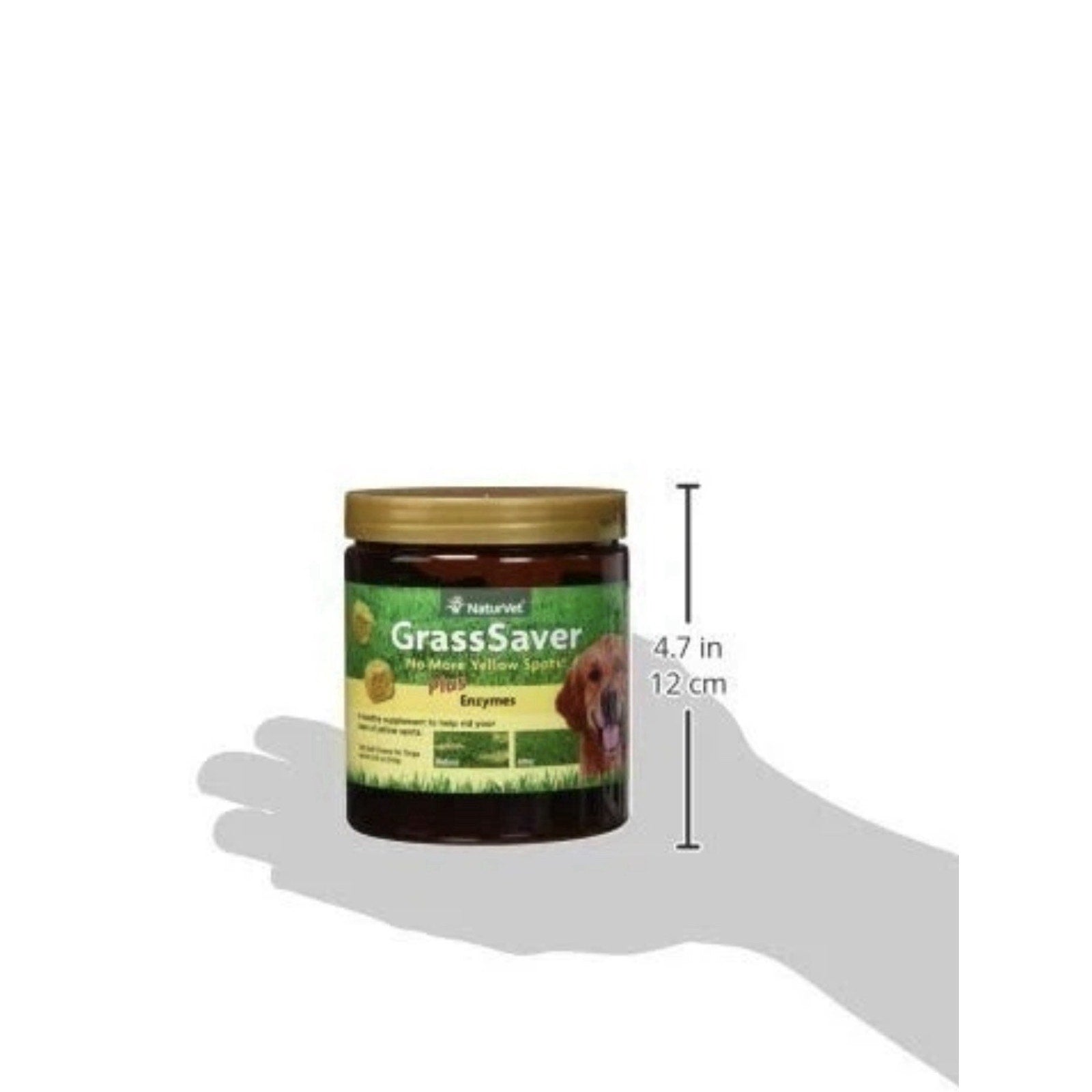 Glass jar with a gold lid labeled GrassSaver Pet Mild Yellow Stains, featuring natural enzymes, held above an illustrated hand with a height measurement of 4.7 inches (12 cm) against a white background.