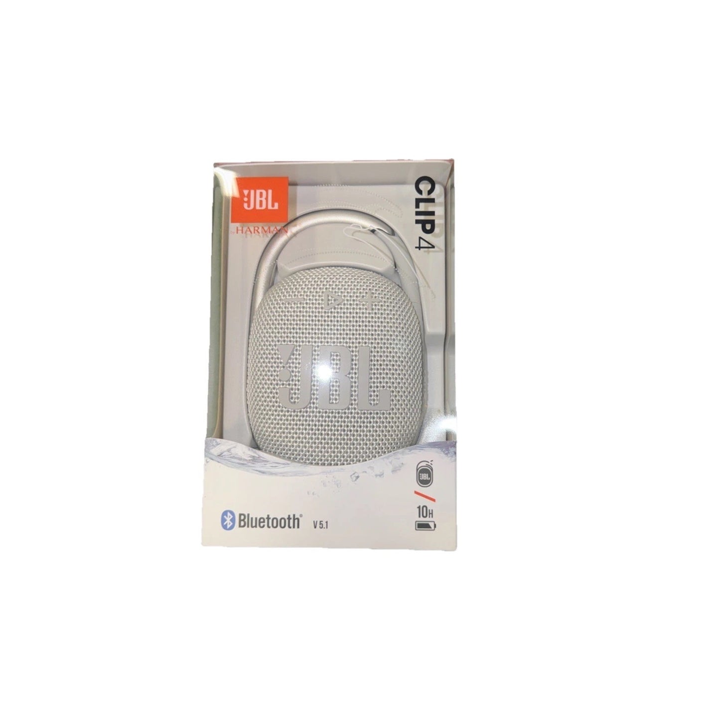 White portable Bluetooth speaker with a textured front grille and integrated clip, displayed inside clear plastic packaging with branding and product details.
