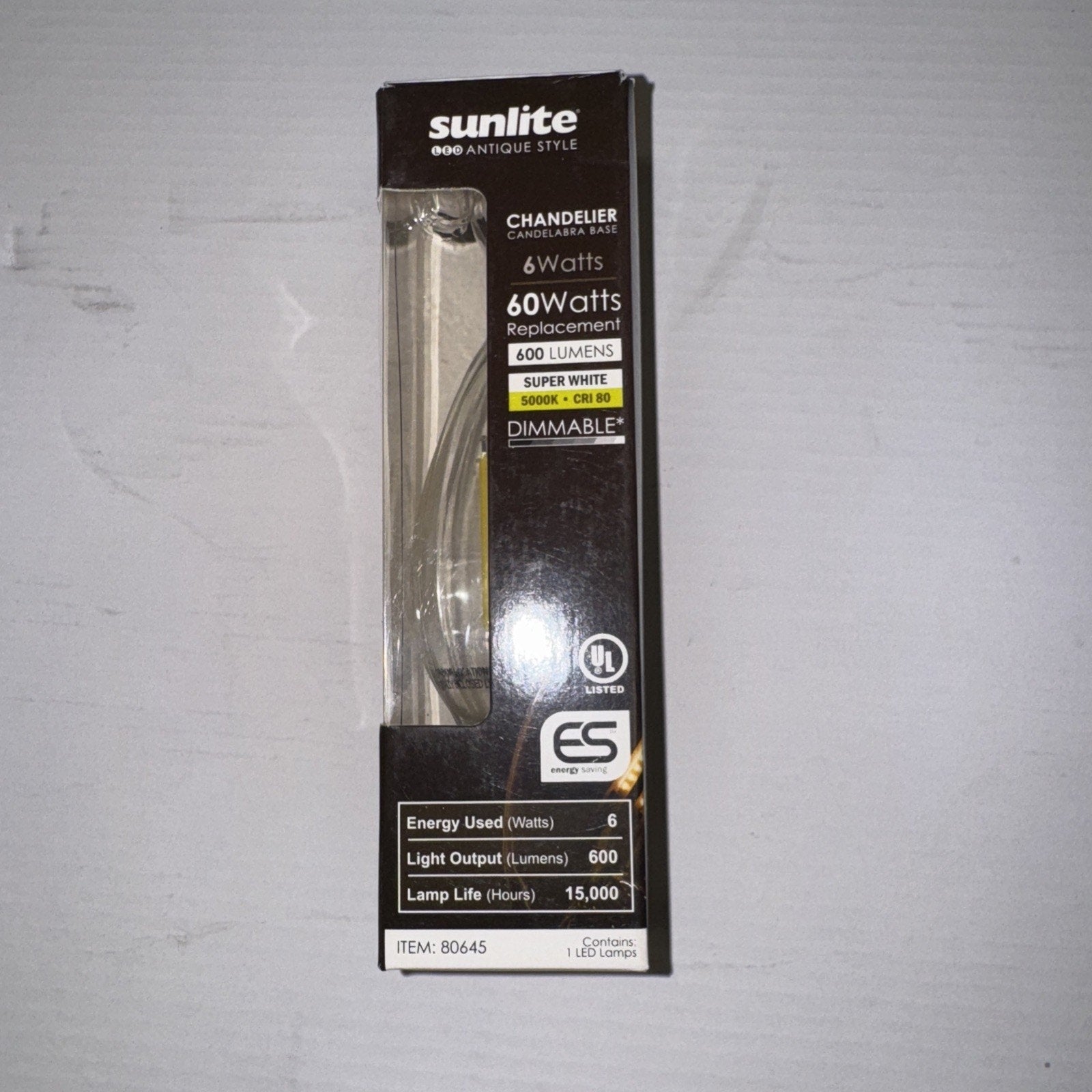 Sunlite antique style chandelier LED light bulb 6 watts 600 lumens dimmable soft white super white packaging